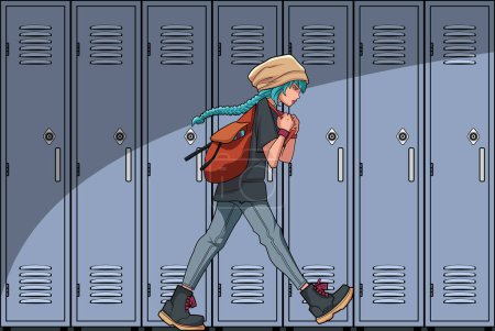 Ilustración de Chica de la escuela con mochila caminando por los casilleros escolares ilustración plana de arte vectorial dibujado a mano - Imagen libre de derechos