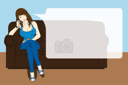 Illustration for Hand drawn vector illustration of a young Asian woman sitting on a couch and making call with mobile phone cartoon art with speech bubble - Royalty Free Image