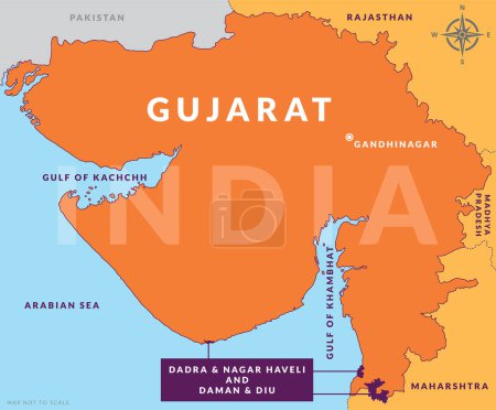 Illustration for State of Gujarat India with capital city Gandhinagar along with union territory of Dadra and Nagar Haveli and Daman Diu hand drawn vector map - Royalty Free Image