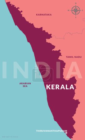 Ilustración de Estado de Kerala India con capital Thiruvanathapuram mapa vectorial dibujado a mano - Imagen libre de derechos