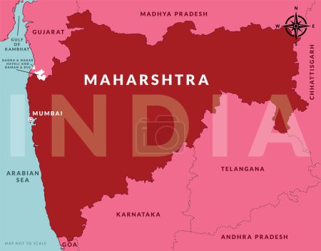 Téléchargez les illustrations : État du Maharashtra Inde avec la capitale Mumbai carte vectorielle dessinée à la main - en licence libre de droit
