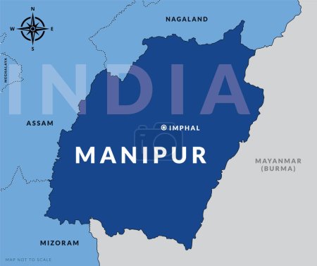 Téléchargez les illustrations : État de Manipur Inde avec la capitale Imphal carte vectorielle dessinée à la main - en licence libre de droit