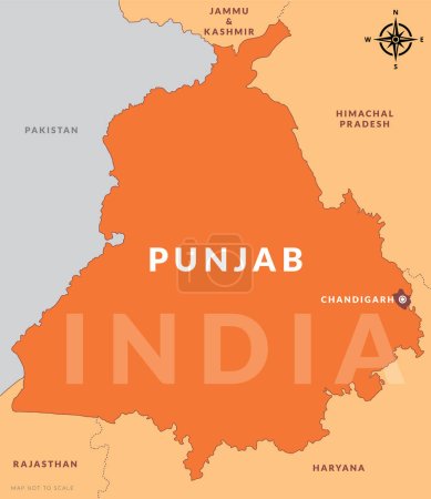 Bundesstaat Punjab Indien mit Hauptstadt Chandigarh, handgezeichnete Vektorkarte