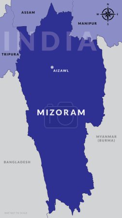 Illustration for State of Mijoram India with capital city Aizawl hand drawn vector map - Royalty Free Image