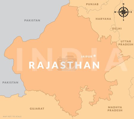 Téléchargez les illustrations : État du Rajasthan Inde avec la capitale Jaipur carte vectorielle dessinée à la main - en licence libre de droit