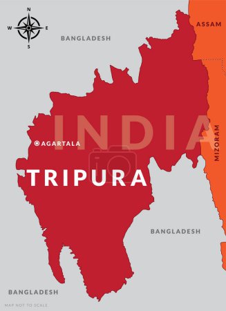 Téléchargez les illustrations : État de Tripura Inde avec la capitale Agartala carte vectorielle dessinée à la main - en licence libre de droit