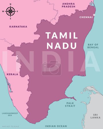 Téléchargez les illustrations : État de Tamil Nadu Inde avec la capitale Chennai carte vectorielle dessinée à la main - en licence libre de droit