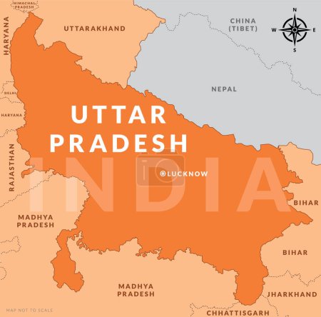 Téléchargez les illustrations : État de l'Uttar Pradesh Inde avec la capitale Lucknow carte vectorielle dessinée à la main - en licence libre de droit