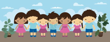 Ilustración de Pequeños llenos de alegría: Una colección de niños pequeños de pie y sonrientes dibujado a mano ilustración vector plano de dibujos animados - Imagen libre de derechos