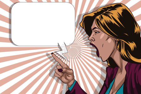 Illustration for Hand drawn retro Illustration of a Woman Asserting Herself with Raised Finger and Loud Voice - Royalty Free Image