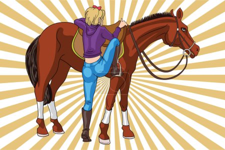 Téléchargez les illustrations : Aventures à cheval : une illustration du voyage équestre d'une jeune fille - en licence libre de droit