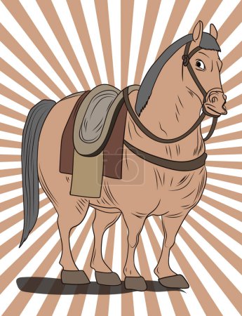 Téléchargez les illustrations : Un regard curieux : une illustration d'un cheval étudiant son attelage et son cavalier - en licence libre de droit
