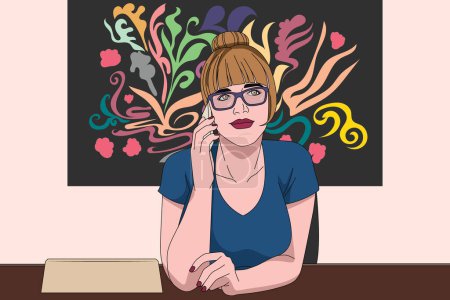 Ilustración de Conversaciones corporativas: Una ilustración de una joven ejecutiva al teléfono en su escritorio Mujer equilibrando negocios y tecnología - Imagen libre de derechos