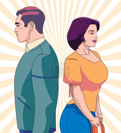 Ilustración de Creciendo aparte: Una ilustración vectorial de una pareja que enfrenta direcciones opuestas que luchan por conectarse en una encrucijada de relaciones - Imagen libre de derechos