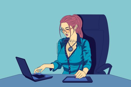 Ilustración de Trabajadora de oficina joven sentada en el escritorio de trabajo y trabajando en la computadora portátil y tabletas gráficas ilustración de vectores de diseño gráfico dibujado a mano colorido - Imagen libre de derechos