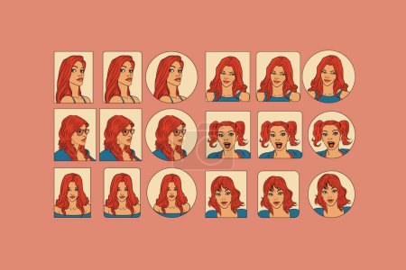 Illustration for Set of vintage young woman with different emotional expressions emoji avatar in rectangle rounded rectangle and circle shapes hand drawn graphic design vector icon - Royalty Free Image
