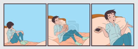 Illustration for Young boy lying on a bed and playing video game with different expressions set of three hand drawn cartoon graphic design vector illustration - Royalty Free Image