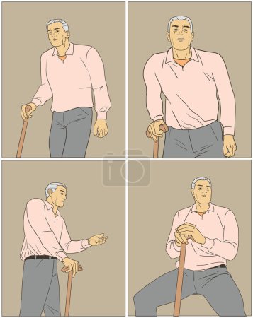 Téléchargez les illustrations : Vieil homme handicapé avec bâton de marche ensemble de quatre avec différentes expressions dessin à la main illustration vectorielle de dessin animé - en licence libre de droit