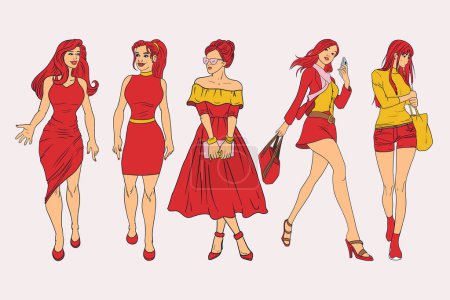 Ilustración de Señoras jóvenes modernas en ropa de moda roja y amarilla con bolsos y billeteras de las señoras del teléfono inteligente sobre fondo blanco - Imagen libre de derechos