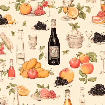 Illustration for Pattern background with peaches berries champagne silverware, fruits, liquor, ice bucket, grapes, mangoes, apples, lemons, oranges, - Royalty Free Image