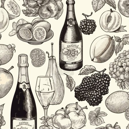 Illustration for Pattern background with peaches berries champagne silverware, fruits, liquor, ice bucket, grapes, mangoes, apples, lemons, oranges, - Royalty Free Image