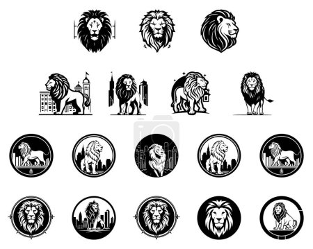 Téléchargez les illustrations : Un ensemble de puissants logos vectoriels, icônes et mascottes Lion - en licence libre de droit