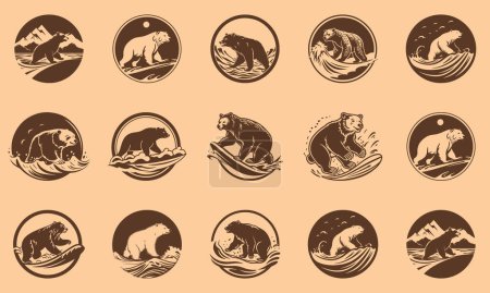 Illustration for Minimal Flat Vector Logo Set featuring Surfing Bears - Royalty Free Image