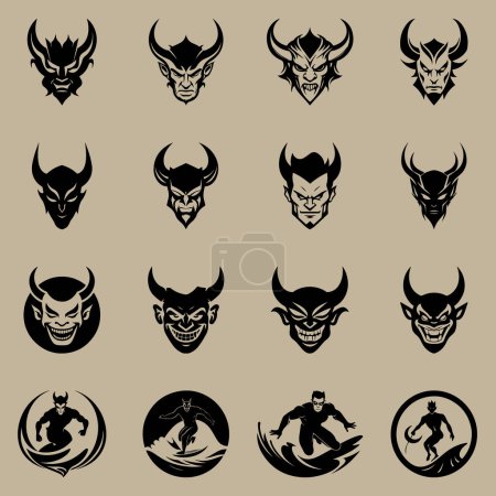Ilustración de Logotipo de Vector Muestra la Cabeza del Diablo y el Diablo Montando las Olas - Imagen libre de derechos