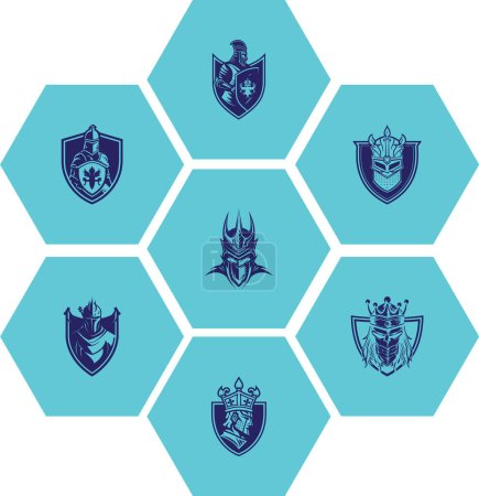 Ilustración de Libera la fuerza de los emblemas guerreros con este conjunto de diseños de logotipo de escudo. Potentes logotipos vectoriales perfectos para una marca audaz e impactante - Imagen libre de derechos