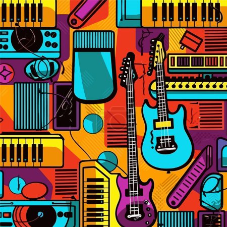 Illustration for Create a vibrant musical atmosphere with this seamless pop art vector pattern. Featuring electric guitars, speakers, and microphones for a lively design - Royalty Free Image