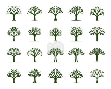 Téléchargez les illustrations : Améliorez votre marque avec cet ensemble de logos de nature futuriste avec de simples icônes symboliques d'arbres modernes. Parfait pour une identité contemporaine et écologique. - en licence libre de droit