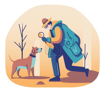 Illustration for Step into the thrilling world of investigation with this vector illustration of a male detective exploring the jungle, aided by a magnifying glass and his loyal dog. - Royalty Free Image