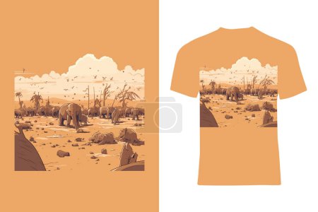 Illustration for Step back in time with this T-shirt design featuring elephants in an ancient battlefield, showcasing their terrifying power in war. - Royalty Free Image