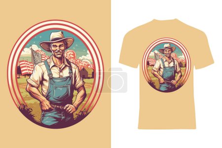 Ilustración de Retroceda en el tiempo con este diseño de camiseta con un granjero occidental vintage en la granja, celebrando el encanto atemporal de la vida en la granja. - Imagen libre de derechos