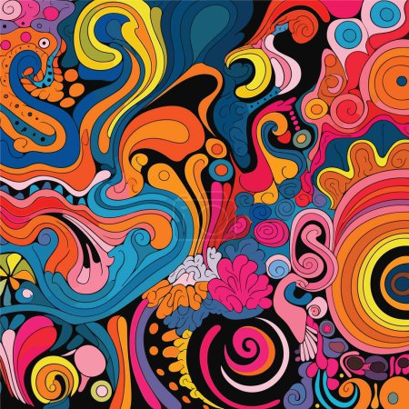 Illustration for Ake a trip down memory lane with this psychedelic 70s patterns vector background, radiating groovy nostalgia. - Royalty Free Image