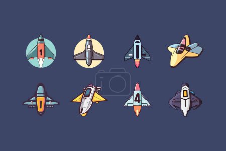 Ilustración de Entra en el futuro con esta ilustración vectorial en estilo flaticon, mostrando un conjunto de naves espaciales modernas como iconos. - Imagen libre de derechos