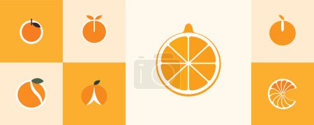 Illustration for Clean and modern flat geometric logo design featuring an orange in both whole and sliced forms, with and without a leaf - Royalty Free Image