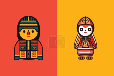 Illustration for Discover the cultural charm of Bolivian Ekeko doll with this logotype set, featuring simple vector illustrations in 2 variations: red, orange, yellow, white, and black. - Royalty Free Image
