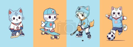 Illustration for Experience the adorability of a cute cat as it engages in various sports, showcased in this set of 4 sports jersey illustrations. - Royalty Free Image