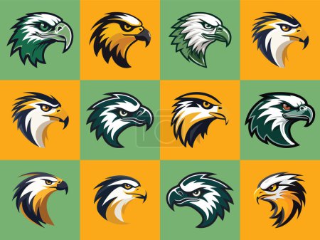 Illustration for Unleash the power of falconry with this striking logo design, featuring a falcon head in a set of 12 color variations: yellow, orange, black, and white. - Royalty Free Image