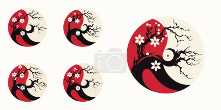 Ilustración de Experimente la esencia del Ying Yang japonés con este diseño de logotipo, mostrando ramas de árboles florales en colores rojo, crema y negro.. - Imagen libre de derechos