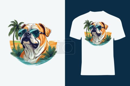 Illustration for Get ready for the beach vibes with this cool bulldog wearing sunglasses, perfect for a trendy t-shirt design in a tropical setting. - Royalty Free Image