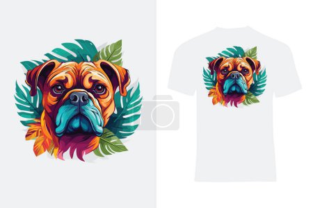 Illustration for Add a splash of color to your wardrobe with this lively bulldog illustration, set amidst a tropical foliage background, ideal for fashionable t-shirts. - Royalty Free Image