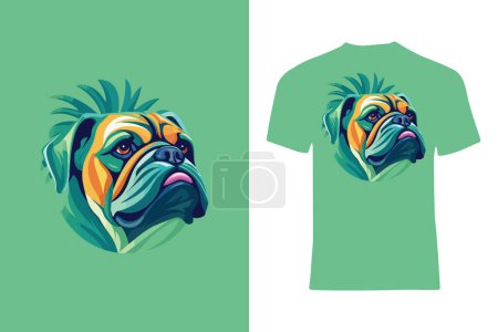 Illustration for Add a splash of color to your wardrobe with this lively bulldog illustration, set amidst a tropical foliage background, ideal for fashionable t-shirts. - Royalty Free Image