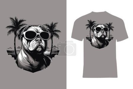 Téléchargez les illustrations : Préparez-vous pour les vibrations de la plage avec ce bouledogue cool portant des lunettes de soleil, parfait pour un design de t-shirt à la mode dans un cadre tropical. - en licence libre de droit