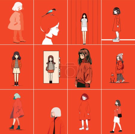 Téléchargez les illustrations : Embrassez le charme de la culture japonaise avec cette adorable illustration vectorielle minimaliste d'une jolie fille, mettant en vedette un thème de couleur rouge captivant. - en licence libre de droit