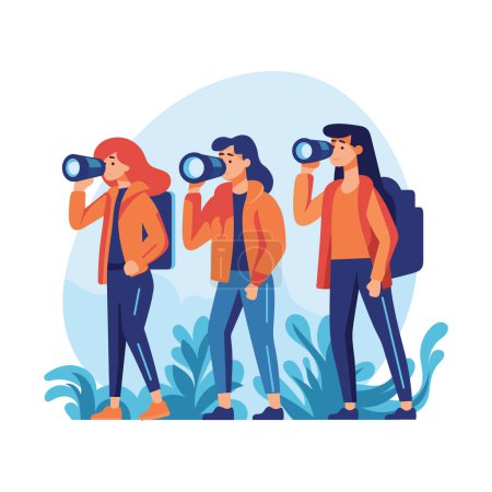 Illustration for Discover a world of exploration as these lively girls with binoculars come to life in this captivating hand-drawn flat vector art illustration. - Royalty Free Image