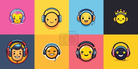 Illustration for Add a touch of cuteness and communication to your designs with this delightful set of flat vector icons featuring smiling talking heads with headphones - Royalty Free Image