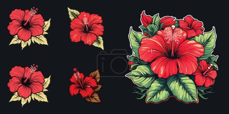 Illustration for Discover the beauty of hibiscus flowers with leaves in this exquisite vector illustration set, featuring five detailed and captivating designs. - Royalty Free Image