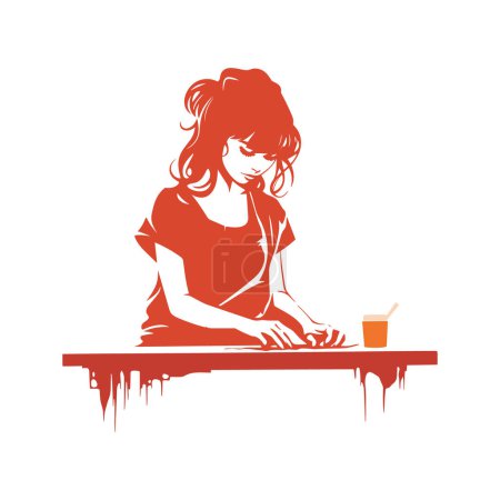 Illustration for Engage with the imaginative abstraction of this vector illustration, showcasing a young girl with curly hair immersed in her work at a table. - Royalty Free Image